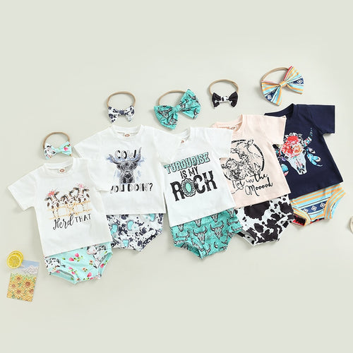 Summer Toddler Newborn Bbay Boys Girls Clothes Sets Cattle Print Short Sleeve Cotton T-shirts+Shorts+Headband Outfits