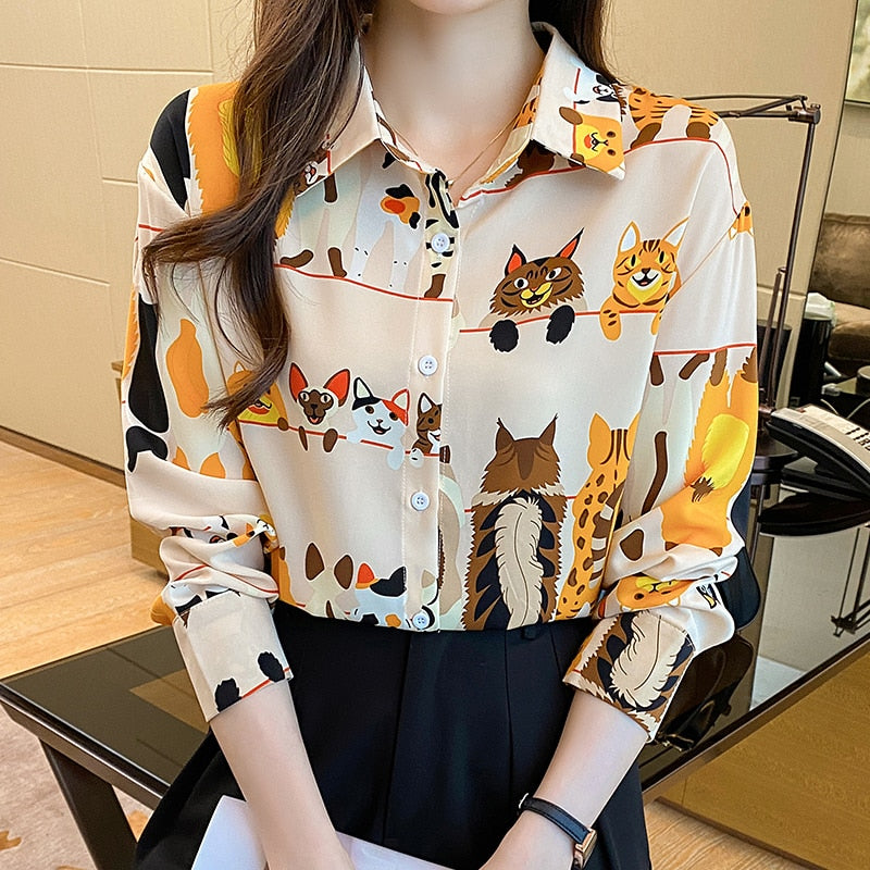 Cute cat pattern printing Long sleeve blouses  for women