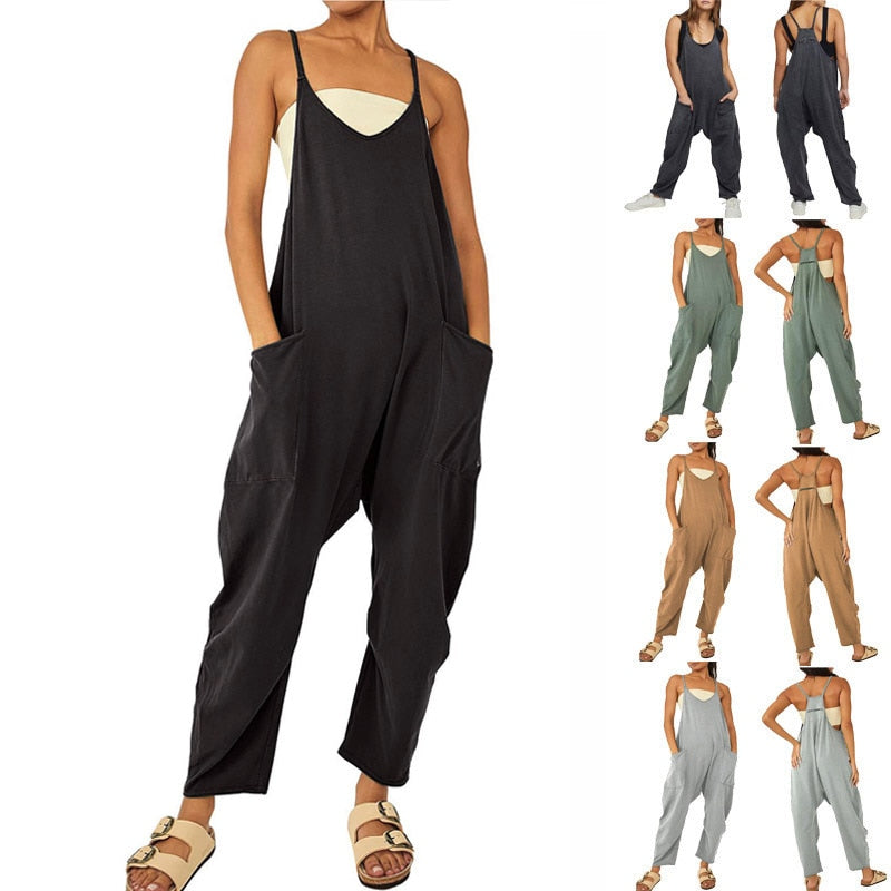 Women Casual Jumpsuit Summer Solid Loose Wide Leg Pants Bib Overall Pocket - myfunfarm