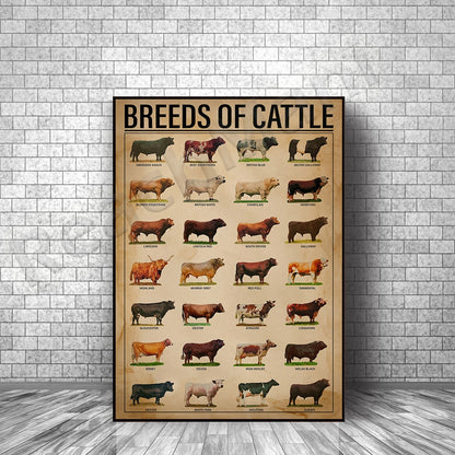 Cattle breeds print vintage vertical poster