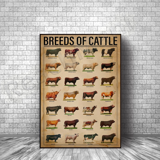 Cattle breeds print vintage vertical poster
