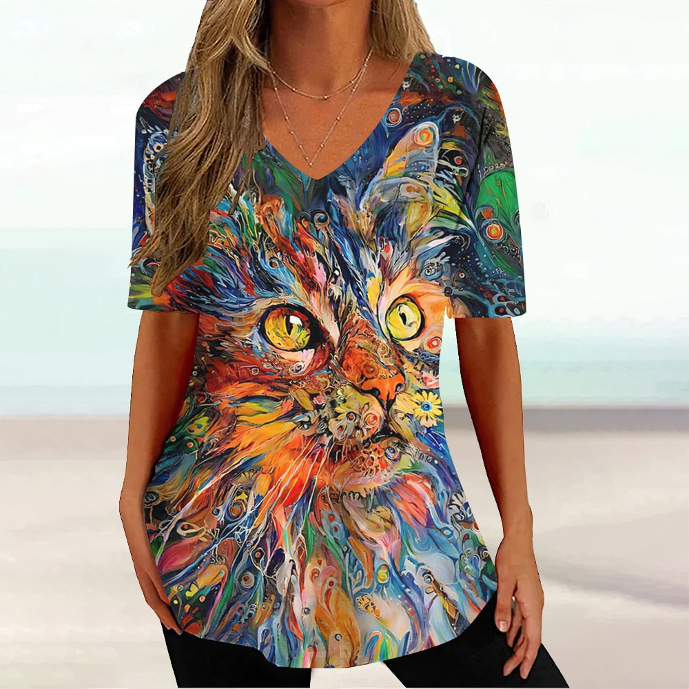 Colourful Cat painting print Tie-dye Graphic  V-Neck  Female Tees - myfunfarm