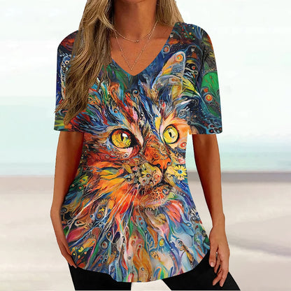 Colourful Cat painting print Tie-dye Graphic  V-Neck  Female Tees - myfunfarm
