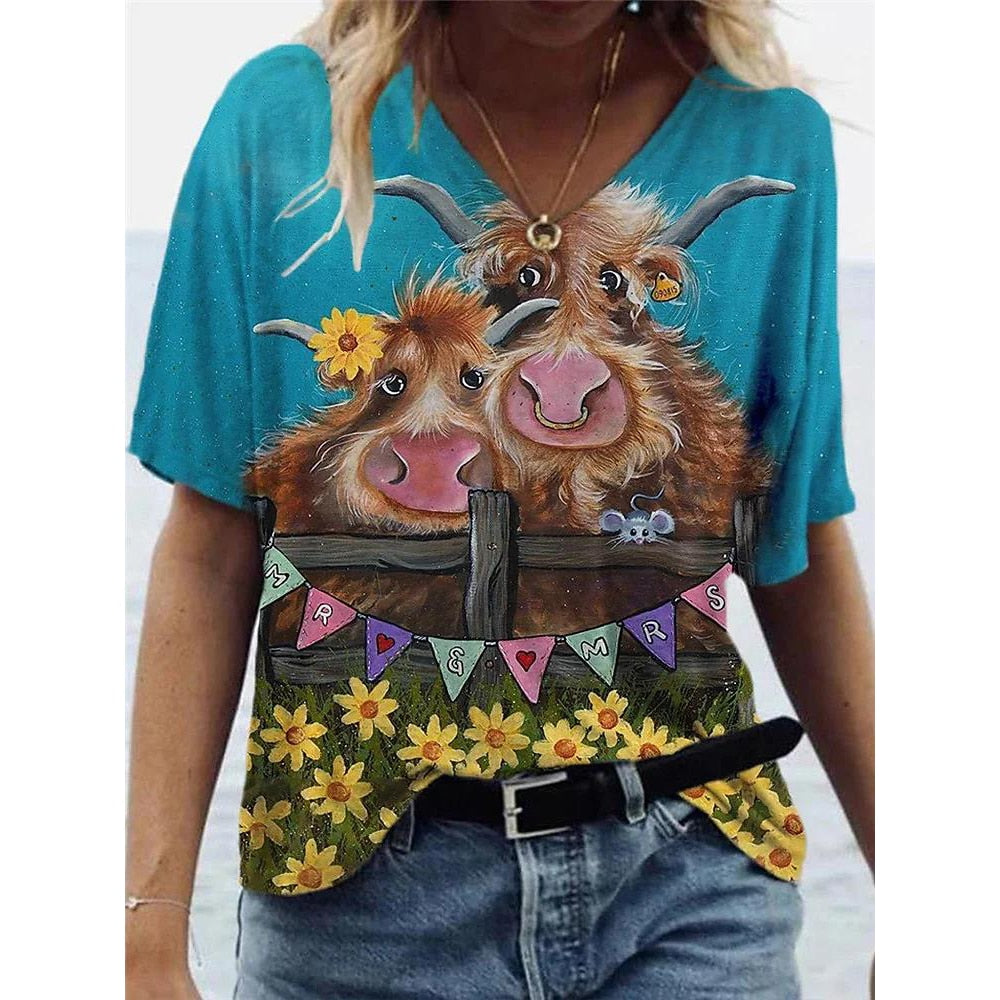 V-Neck T Shirt For Women-Cute Cow Print Oversized Shirt Sleeve Summer - myfunfarm