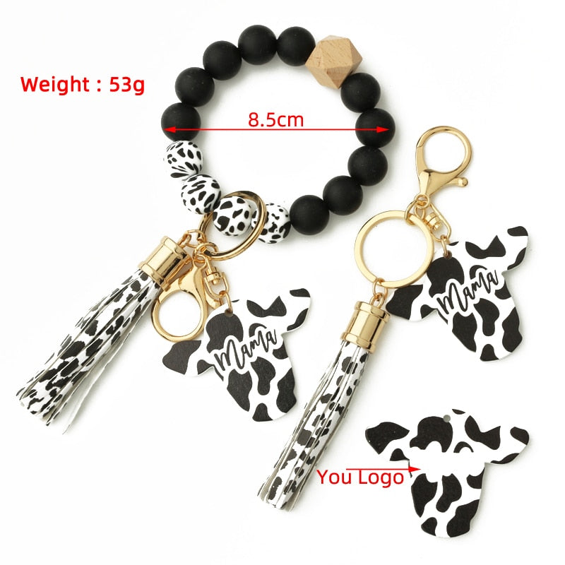 Cow Custom Beads Leather Tassel  Wooden Bead Bracelet gift for MAMA