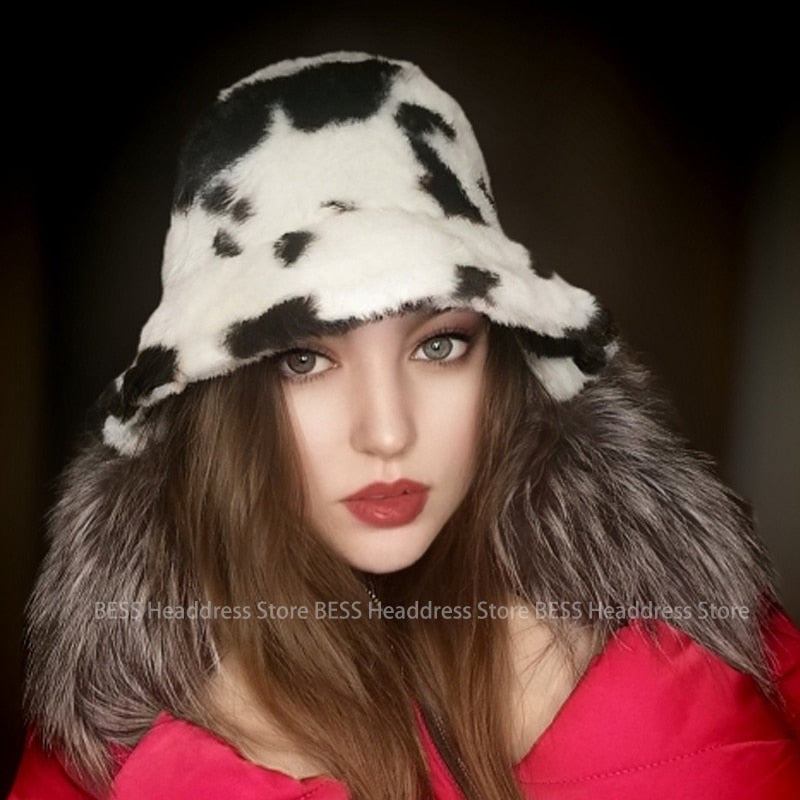 Cow pattern Bucket Hat Plush Panama Outdoor Keep Warm Autumn Winter