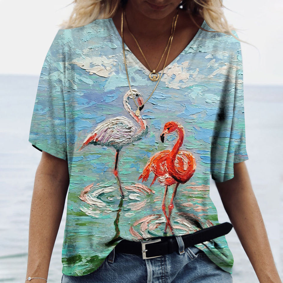 V-Neck T Shirt For Women-Cute Cow Print Oversized Shirt Sleeve Summer