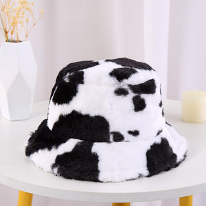 Cow pattern Bucket Hat Plush Panama Outdoor Keep Warm Autumn Winter