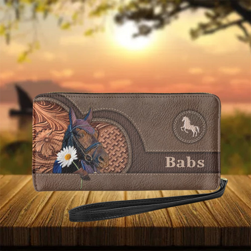 Personalized name-Long Wallet Ladies Brown Vintage  Black Horse - myfunfarm