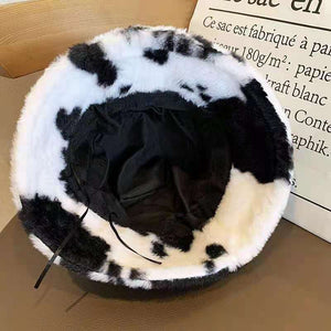 Cow pattern Bucket Hat Plush Panama Outdoor Keep Warm Autumn Winter