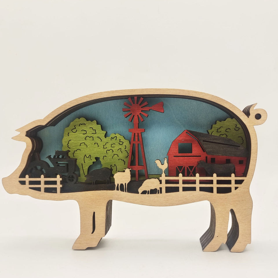 3D Wooden Pig cow Lamp Led  Decor Christmas Gifts