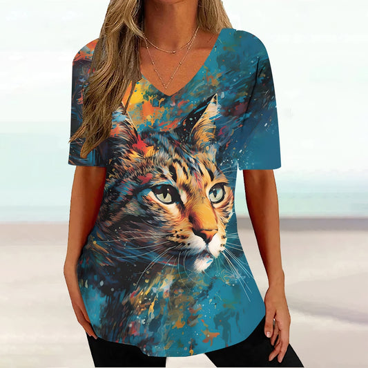 Colourful Cat painting print Tie-dye Graphic  V-Neck  Female Tees