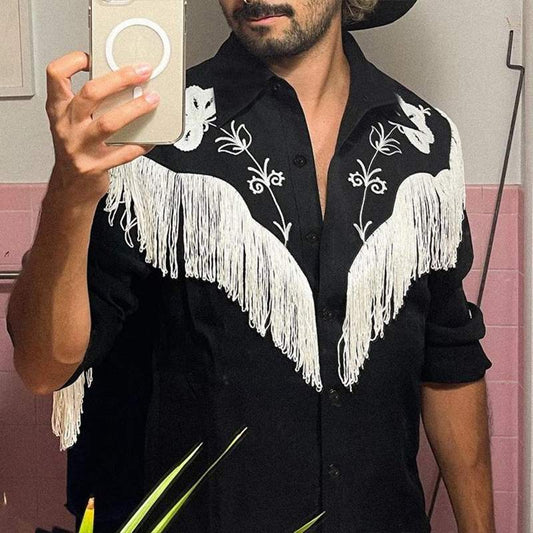 Western Cowboy Men Shirt Embroidered Tassel Patchwork Lapel Long Sleeve - myfunfarm