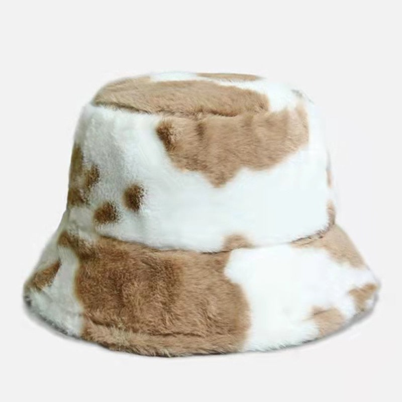 Cow pattern Bucket Hat Plush Panama Outdoor Keep Warm Autumn Winter
