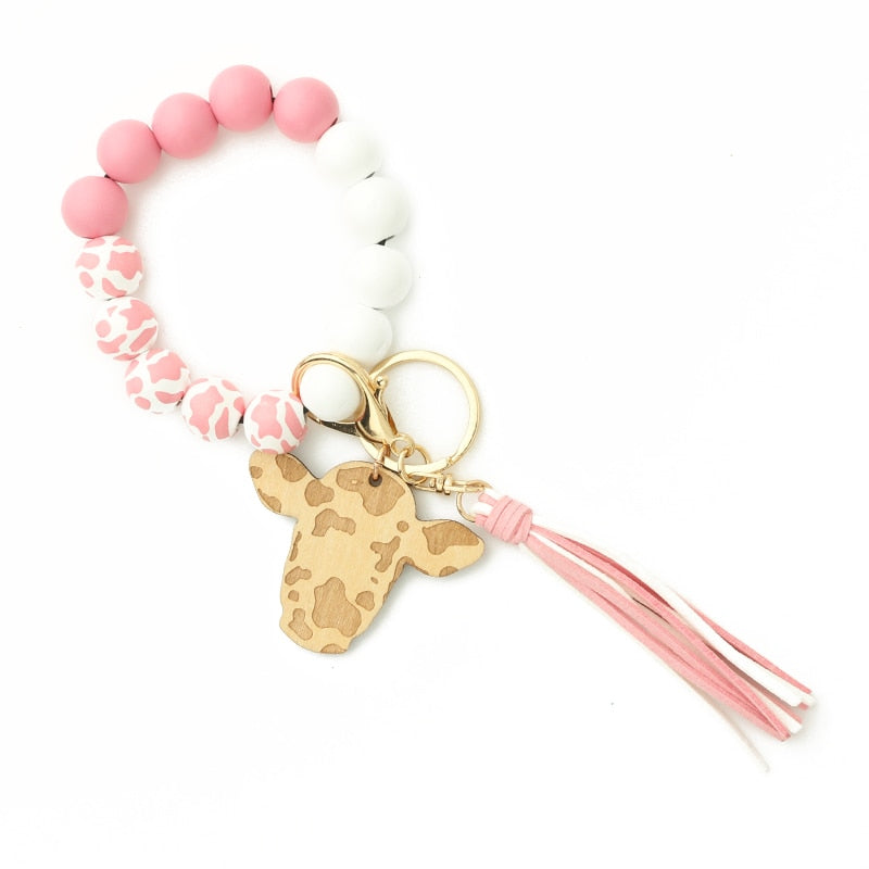 Cow Custom Beads Leather Tassel  Wooden Bead Bracelet gift for MAMA