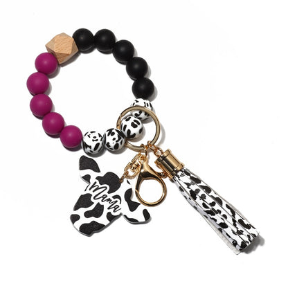 Cow Custom Beads Leather Tassel  Wooden Bead Bracelet gift for MAMA
