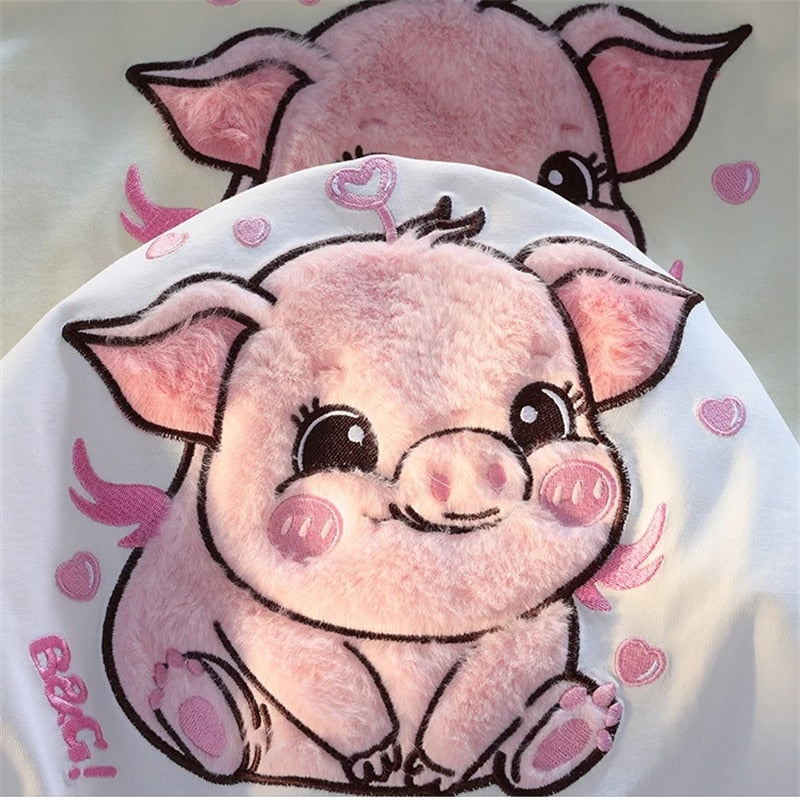 Adorable Pink Pig Plush Embroidered Short Sleeve Women's T-Shirt
