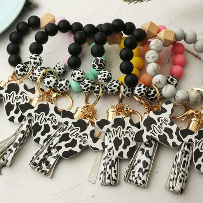 Cow Custom Beads Leather Tassel  Wooden Bead Bracelet gift for MAMA