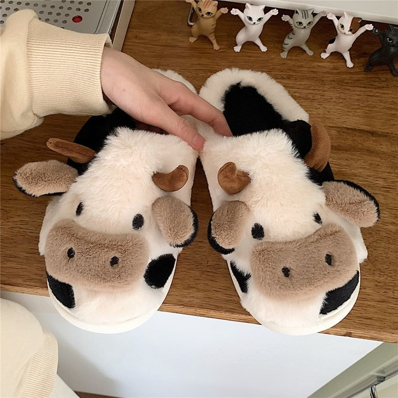 Cute Cow House Slippers Warm Fluffy for Winter - myfunfarm
