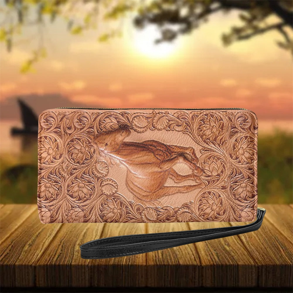 Personalized name-Long Wallet Ladies Brown Vintage  Black Horse - myfunfarm