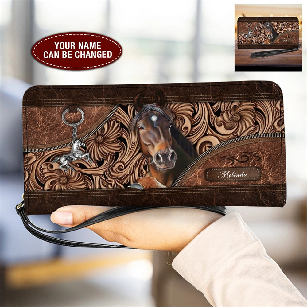 Personalized name-Long Wallet Ladies Brown Vintage  Black Horse - myfunfarm