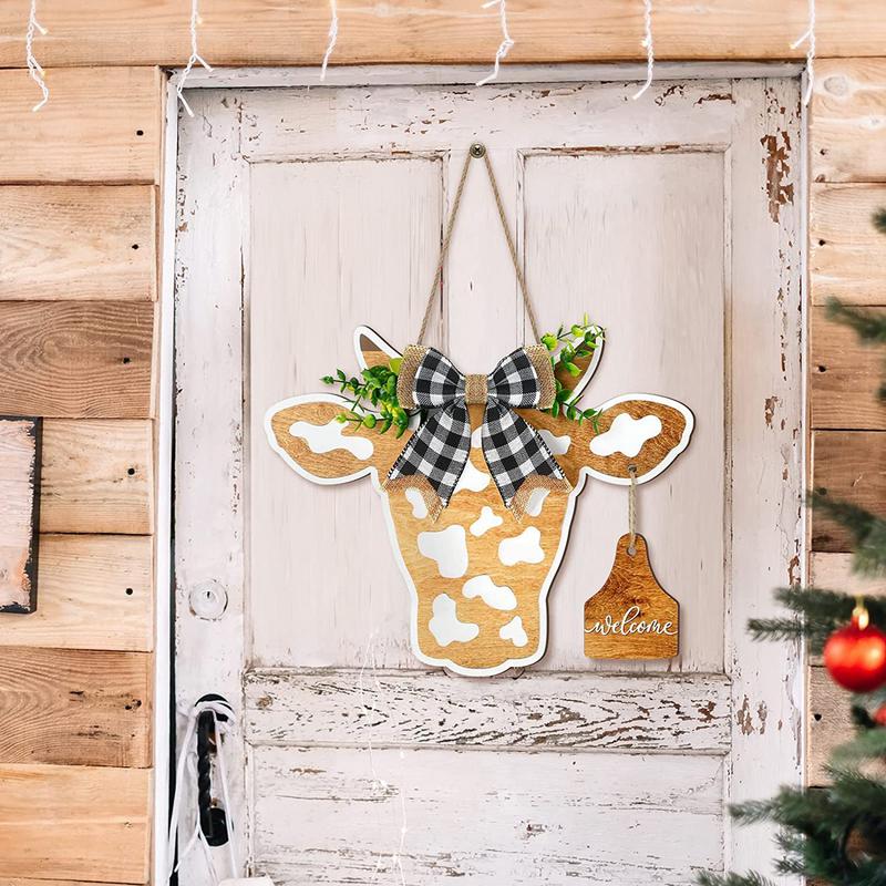 Welcome Farmhouse Cow Head Door Signs Wreath Wooden - myfunfarm