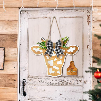 Welcome Farmhouse Cow Head Door Signs Wreath Wooden - myfunfarm
