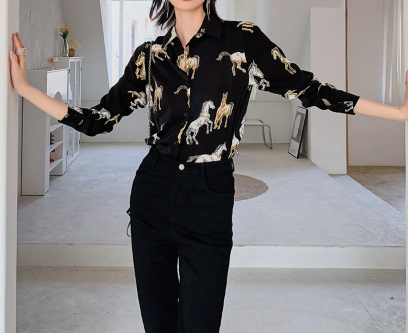 Horse Print Chiffon Long Sleeve Collared Shirt Blouse - myfunfarm
