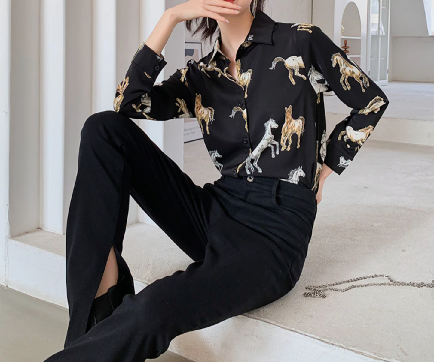 Horse Print Chiffon Long Sleeve Collared Shirt Blouse - myfunfarm