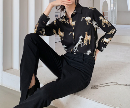 Horse Print Chiffon Long Sleeve Collared Shirt Blouse - myfunfarm