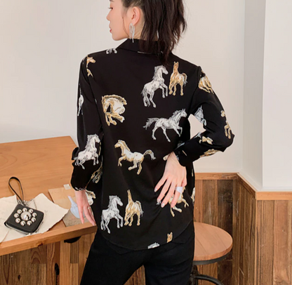 Horse Print Chiffon Long Sleeve Collared Shirt Blouse - myfunfarm