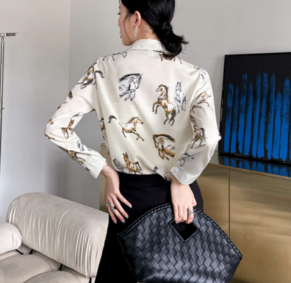 Horse Print Chiffon Long Sleeve Collared Shirt Blouse - myfunfarm