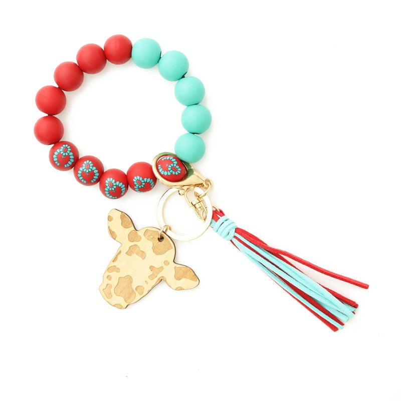 Cow Custom Beads Leather Tassel  Wooden Bead Bracelet gift for MAMA
