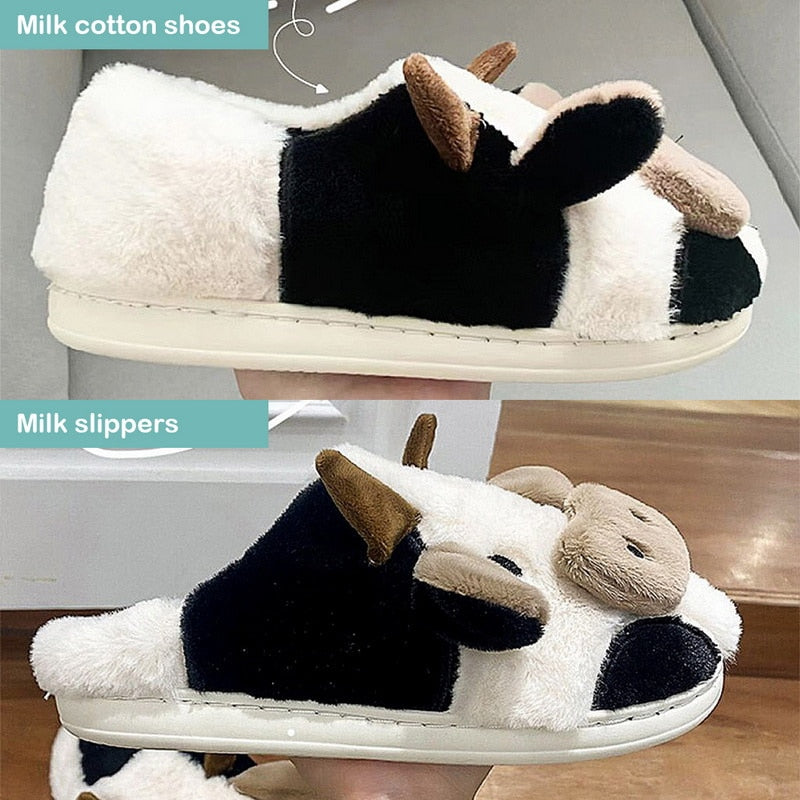 Cute Cow House Slippers Warm Fluffy for Winter