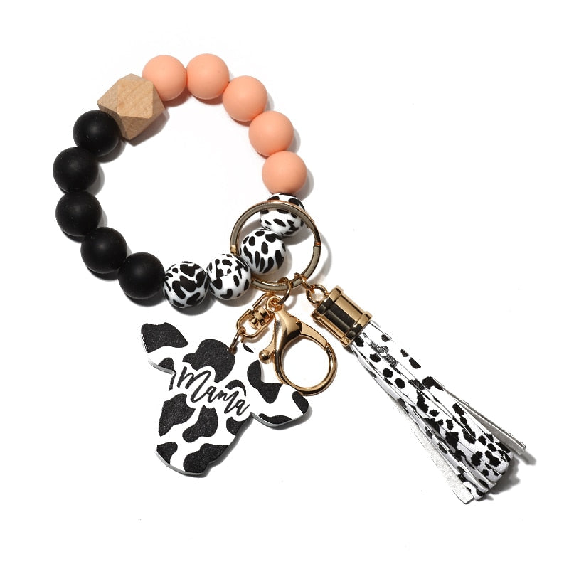 Cow Custom Beads Leather Tassel  Wooden Bead Bracelet gift for MAMA