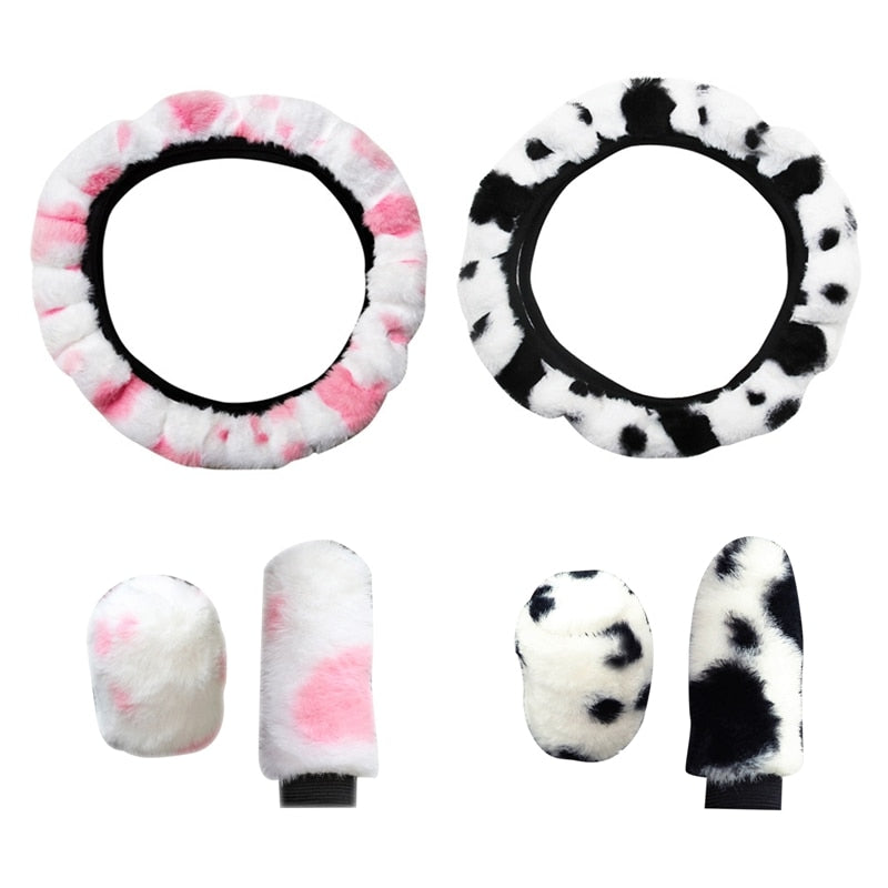 Cow Pattern Soft Plush Car Steering Wheel Cover, Hand Brake Gear Cover Set 37-38Cm - myfunfarm