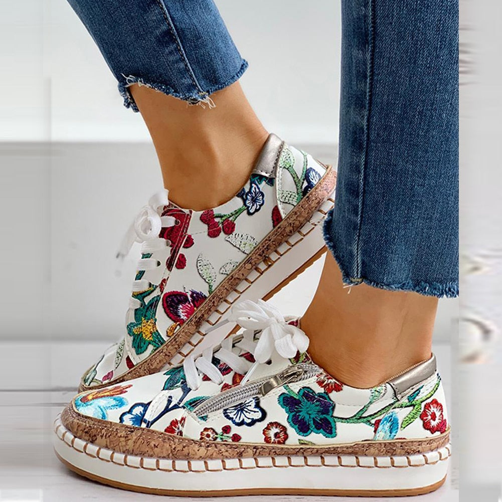 New Women Sneakers Floral Printed Lace Up
