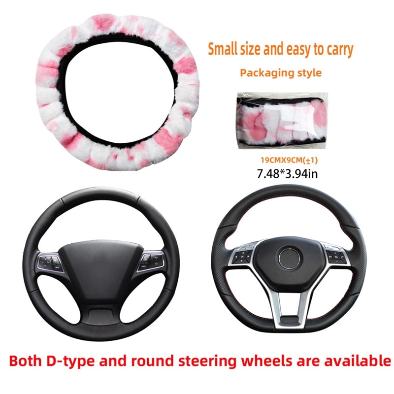 Cow Pattern Soft Plush Car Steering Wheel Cover, Hand Brake Gear Cover Set 37-38Cm - myfunfarm