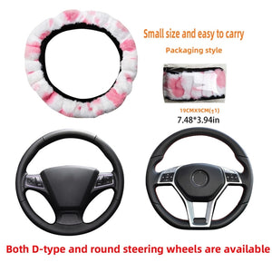 Cow Pattern Soft Plush Car Steering Wheel Cover, Hand Brake Gear Cover Set 37-38Cm