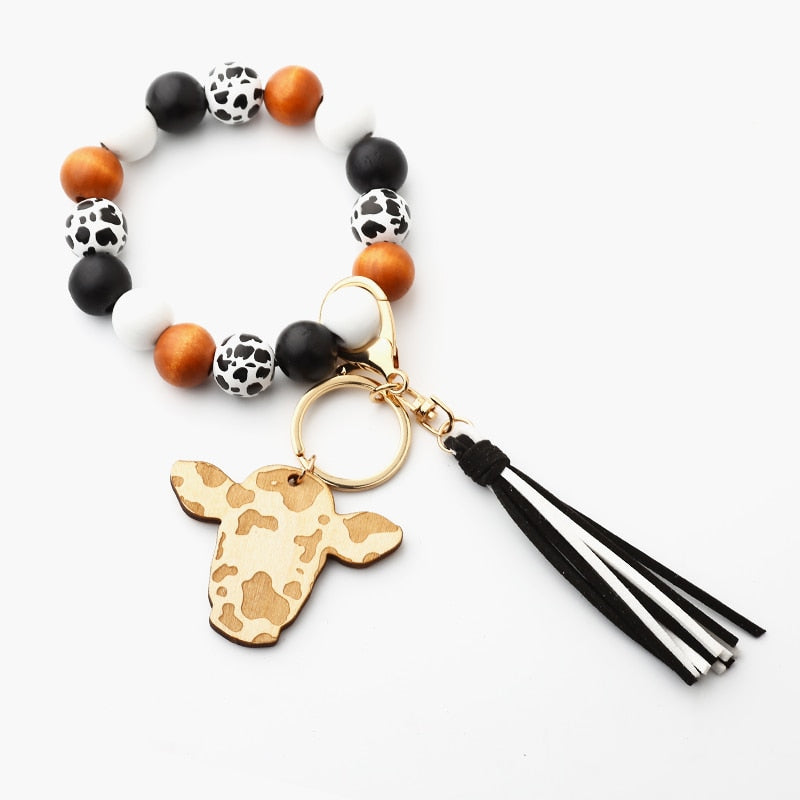 Cow Custom Beads Leather Tassel  Wooden Bead Bracelet gift for MAMA