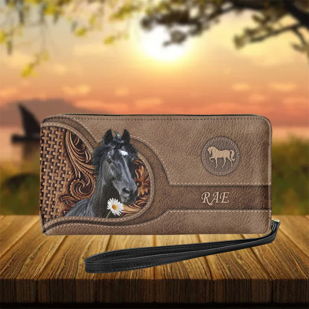 Personalized name-Long Wallet Ladies Brown Vintage  Black Horse - myfunfarm