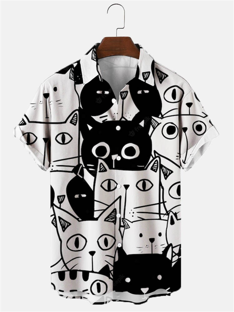 Hawaiian Shirt Cute Cartoon Cat print - myfunfarm