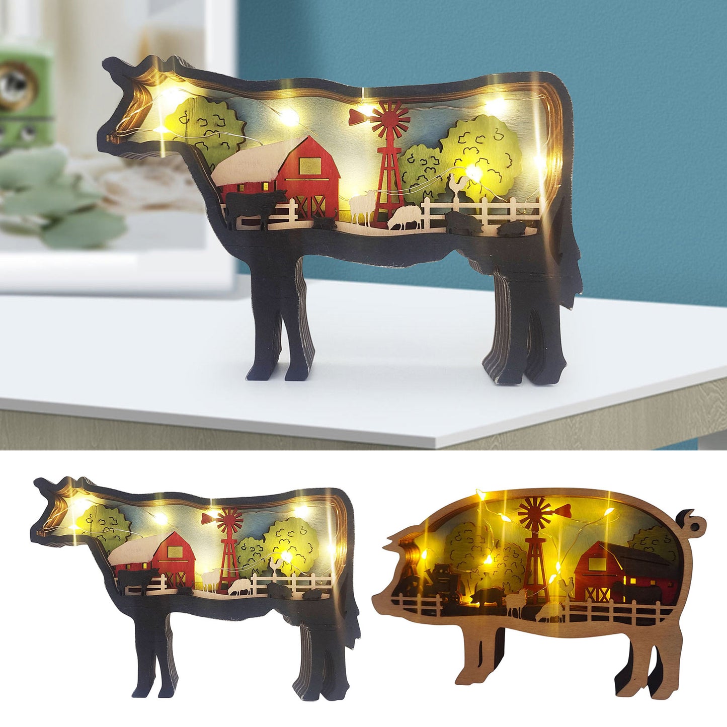 3D Wooden Pig cow Lamp Led  Decor Christmas Gifts - myfunfarm