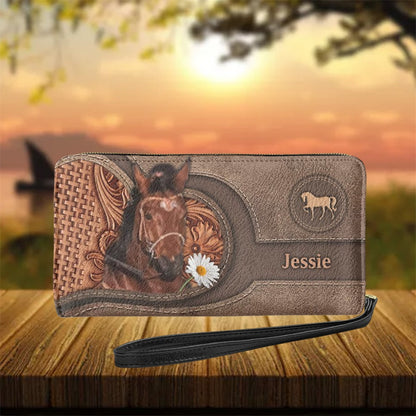Personalized name-Long Wallet Ladies Brown Vintage  Black Horse - myfunfarm