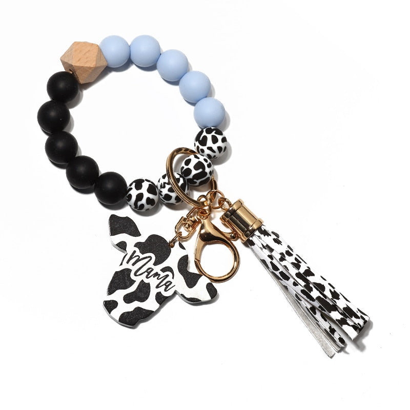 Cow Custom Beads Leather Tassel  Wooden Bead Bracelet gift for MAMA