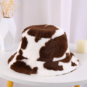 Cow pattern Bucket Hat Plush Panama Outdoor Keep Warm Autumn Winter