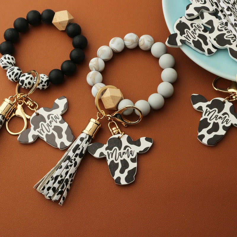 Cow Custom Beads Leather Tassel  Wooden Bead Bracelet gift for MAMA