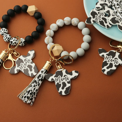 Cow Custom Beads Leather Tassel  Wooden Bead Bracelet gift for MAMA