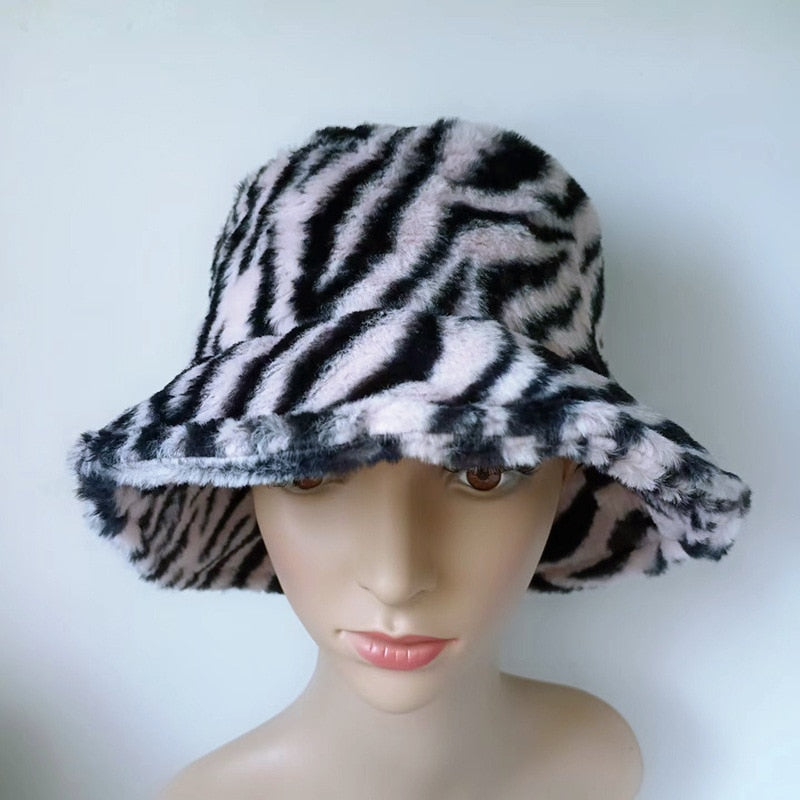 Cow pattern Bucket Hat Plush Panama Outdoor Keep Warm Autumn Winter