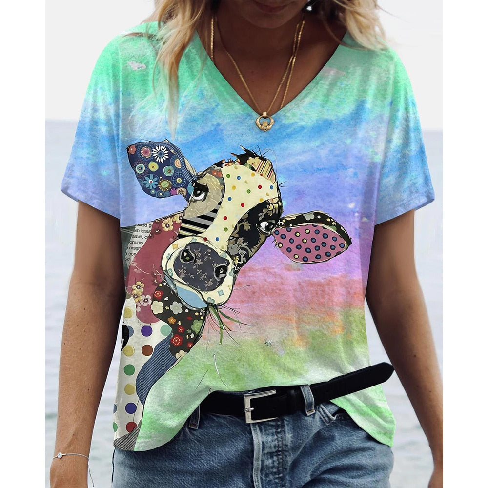 V-Neck T Shirt For Women-Cute Cow Print Oversized Shirt Sleeve Summer - myfunfarm